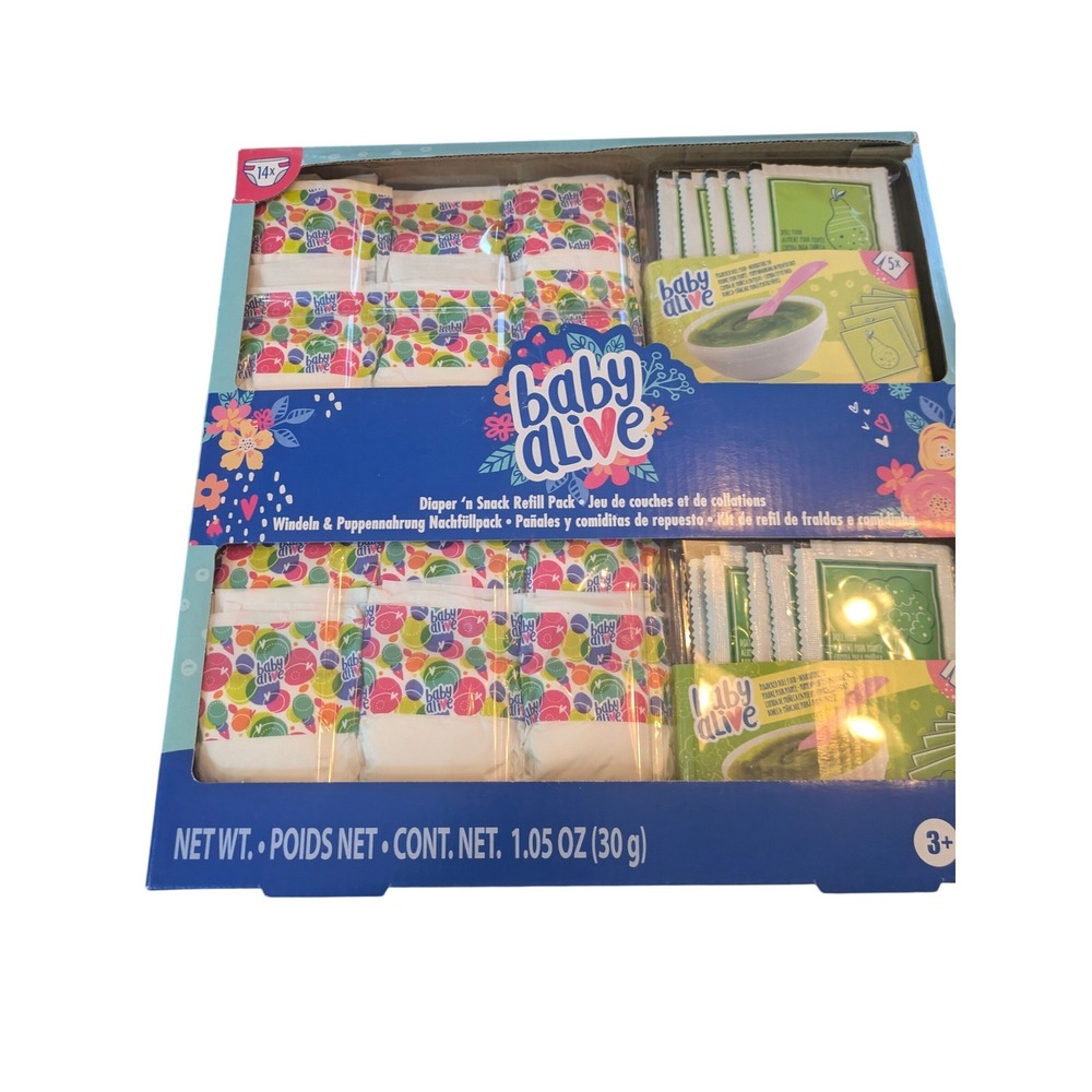 Baby Alive Diaper‎ and Snack Refill Pack 10 Food Packets 14 Diapers E0595